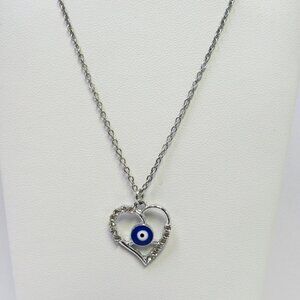 Stainless Steel Crystal Heart Evil Eye Charm Necklace Pendant Adjustable